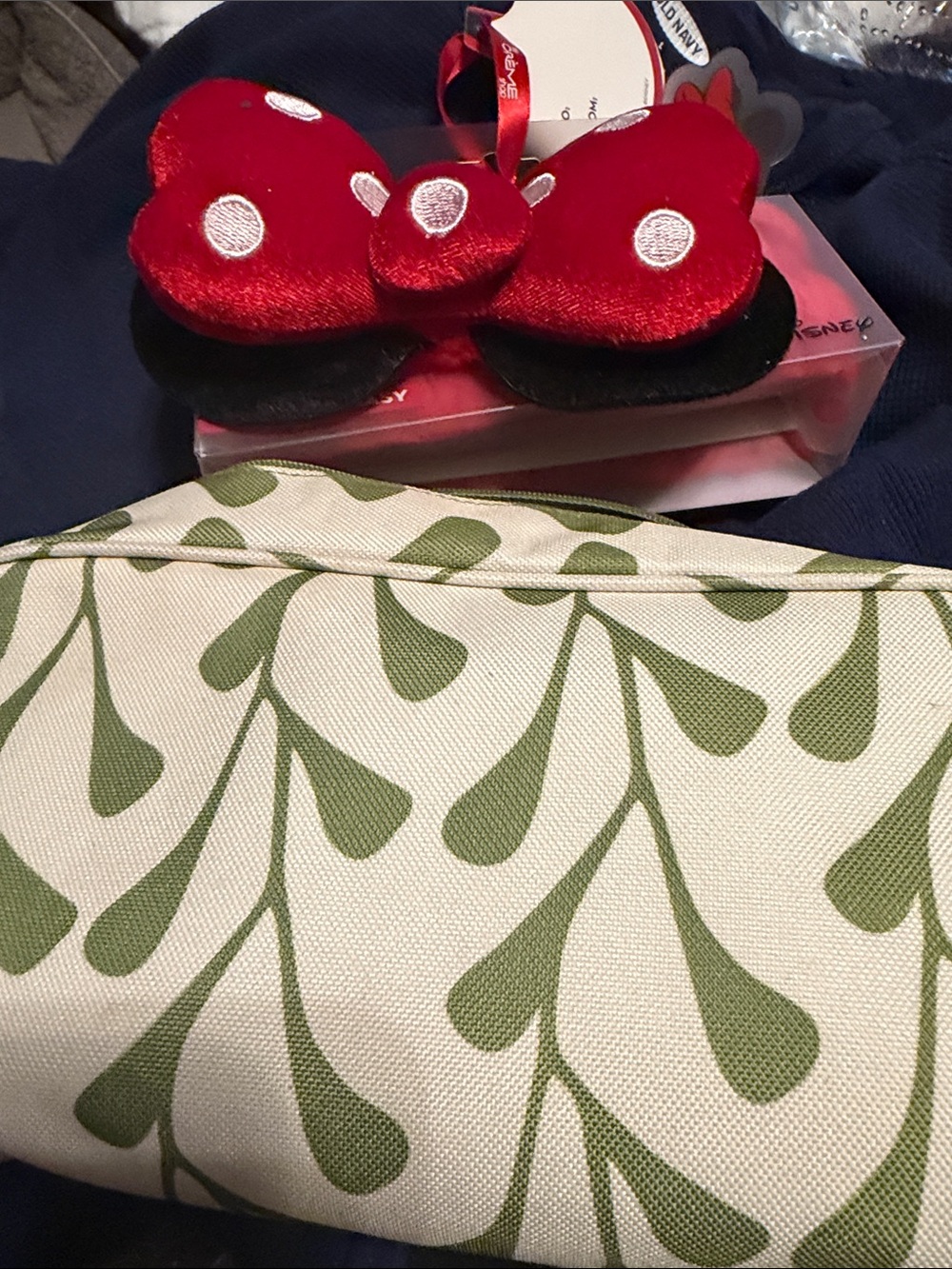 Red Minnie Bow Headband with Green Leaf Print Clutch cosmetic bag by Clinique xx